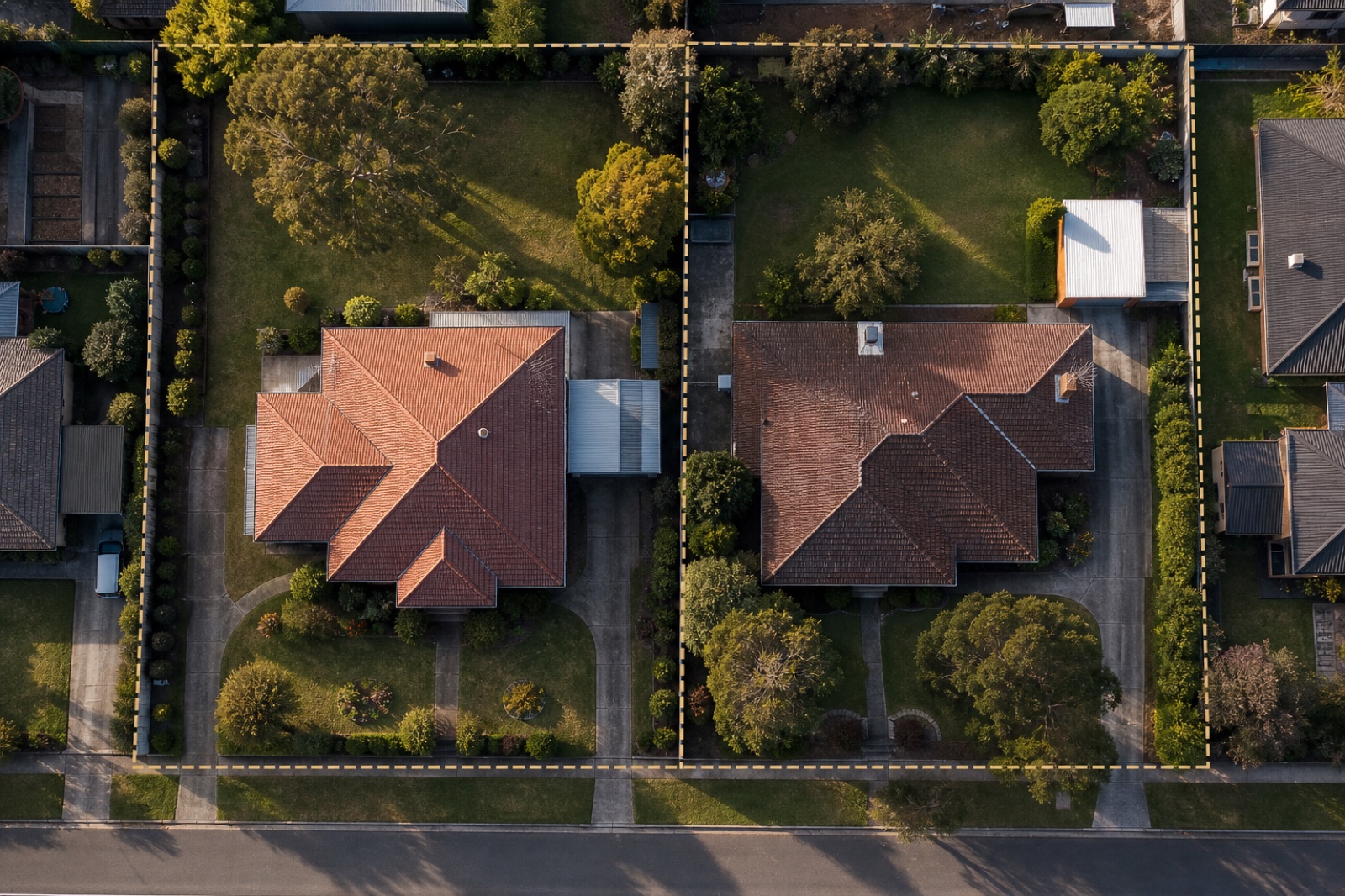 Schematic site plan: two adjacent blocks, one over a future rail alignment